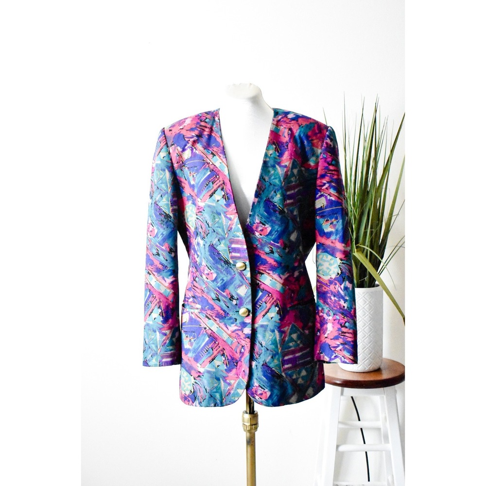 George Georgiou Silk Blazer Womens XS Teal Magenta 90s Abstract Geometric Print